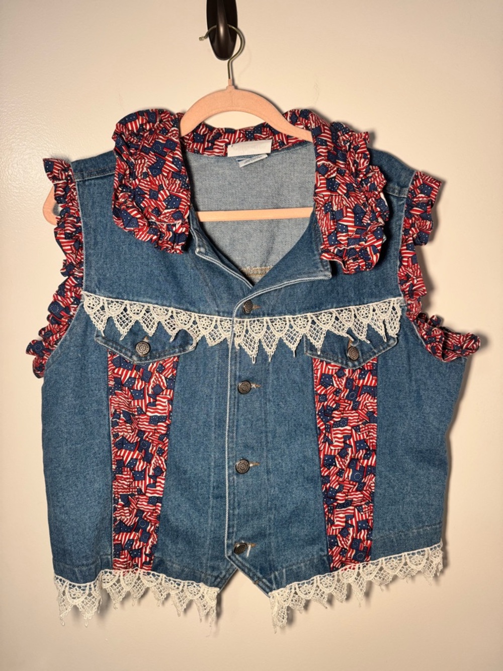 Upcycled American Flag Blue Denim Vest Fourth of July USA Print Lace Trim